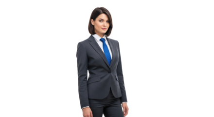 Confident Businesswoman in Gray Suit and Blue Tie Standing on Black Background