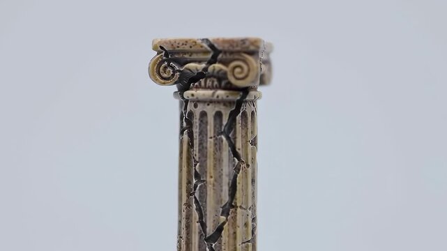 Cracked ancient classical column rotating on a clean white background, symbolizing decay and the passage of time