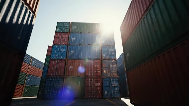 Sunlit Stacks of Intermodal Shipping Containers Under a Clear Sky