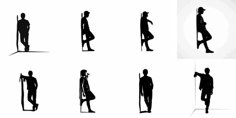 Fototapeta premium Eight black vector silhouettes of casual young men leaning and standing, isolated on a white background, suitable for graphic design.