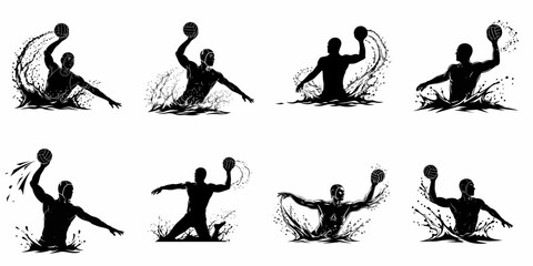Dynamic Water Polo Player Silhouettes Set: Eight black vector illustrations showcasing athletes throwing the ball and creating intense water splashes.