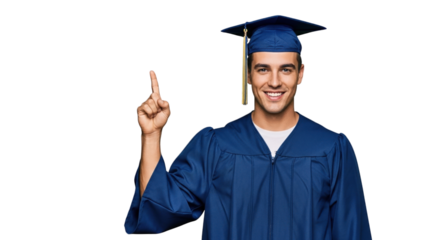 Happy Young Man in Graduation Cap and Gown Pointing Finger Up on Black Background