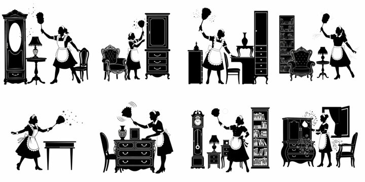 Black Silhouettes Collection: Traditional Maid in Uniform Cleaning and Dusting Luxury Vintage and Antique Furniture with Feather Dusters.