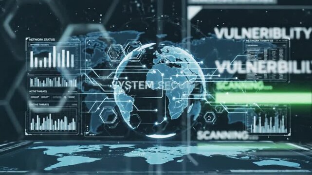 Global Network Cybersecurity Scan: Digital Interface Displaying Vulnerability Detection and Data Analysis