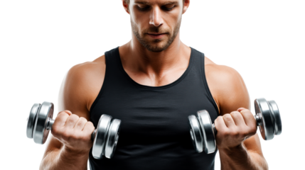 Focused male athlete performing bicep curls with heavy weights, showcasing dedication and strength for sportsrelated marketing and health advertisements.