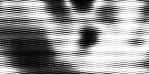 Hexagon halftone gradient texture. Abstract black grunge background. Geometric retro halftone tech overlay. Fading wavy hexagonal pattern backdrop. Vector vanishing honeycomb grunge bitmap wallpaper © Mansur