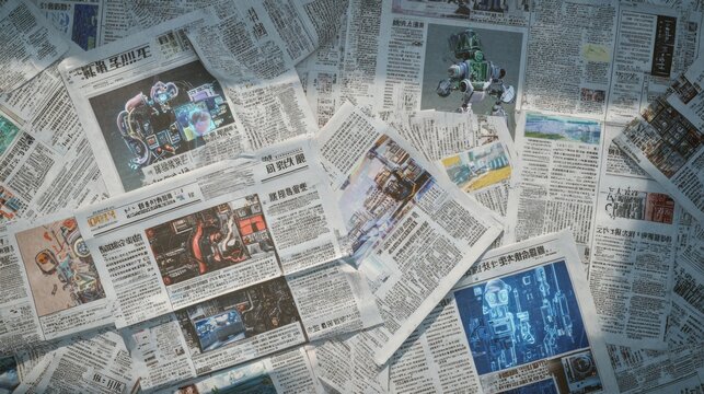 A collection of scattered newspapers featuring varied articles, images, and headlines, suggesting a blend of news and technological themes.