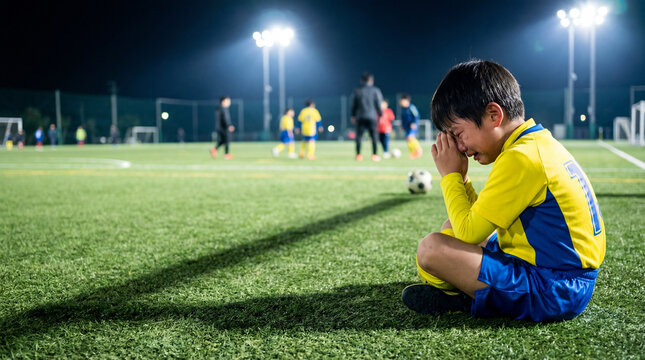 夜のサッカー場でナイター照明の下、座り込んで泣きじゃくる男の子。左側に広いコピースペースを確保しており、スクール生の募集や子供のメンタル教育の広告に最適です。人工芝のグラウンドで悔しさを噛み締める姿は、スポーツを通じた忍耐力と成長の物語を強調します。指導法、習い事、育児の葛藤をテーマにしたメディア素材に使いやすい構図です。