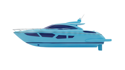 3D Blue Luxury Yacht with Dark Windows on transparent background