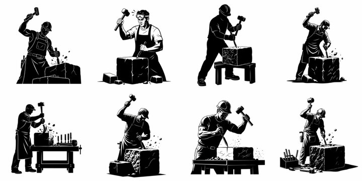 Collection of stylized black silhouettes showing stonemasons, sculptors, and stonecutters hammering and chiseling large stone blocks.