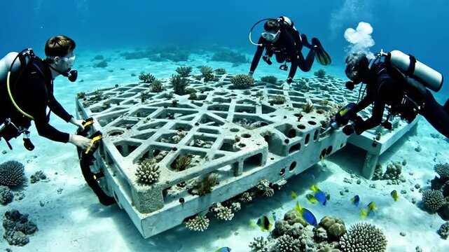 Three scuba divers placing artificial reef modules on ocean floor surrounded by coral and fish