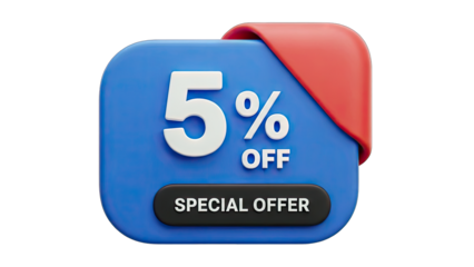 3D 5% Off Special Offer Tag with Red Ribbon on transparent background