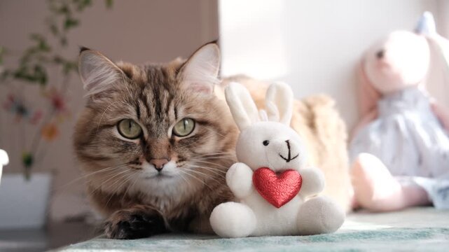 Cute tabby cat with stuffed toys, with red heart. Happy Valentines Day. Happy Birthday. Relaxing kitten basking in morning sun, cozy home. Atmospheric mood