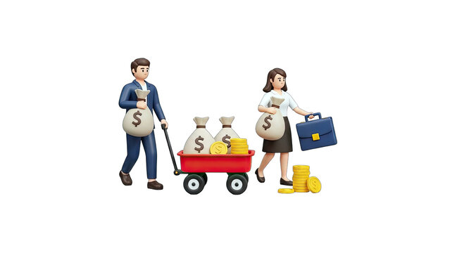 3D business people with money bags and cart on transparent background - Powered by Adobe