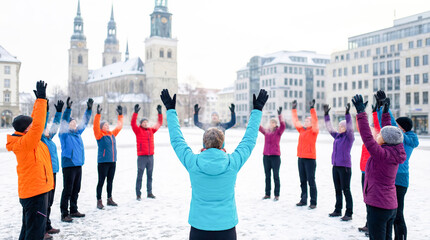 Group of diverse individuals in colorful winter jackets participating in outdoor fitness activity, raising arms in celebration amidst snowy landscape, promoting health and community spirit