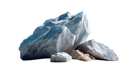 Large natural rocks in various shades of grey and blue forming an abstract landscape on a clean surface suitable for product display or geological concepts