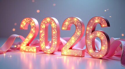 Illuminated 2026 Digits with Pink Ribbon and Sparkling Lights on Gradient Background for New Year Celebration