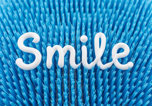 Word Smile written with white toothpaste on blue background macro concept - Time Quality Concept