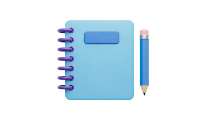 3D illustration of a blue notebook and a blue pencil on transparent background