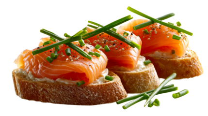 Slices of toasted baguette topped with creamy white cheese, delicately folded smoked salmon, and fresh green chives, perfectly seasoned for an elegant appetizer or snack recipe presentation.