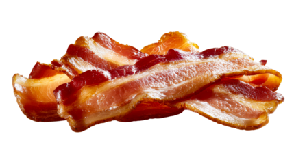 Perfectly cooked and appetizing bacon strips featuring rich, goldenbrown crispy edges and tender meat texture, ideal for enticing breakfast menus, food packaging, and culinary content.