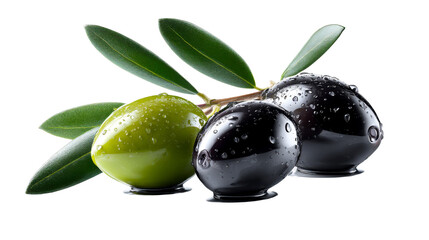 Fresh green and black olives with sparkling water droplets on an olive branch, ideal for food industry advertisements, healthy eating campaigns, and culinary product promotion.