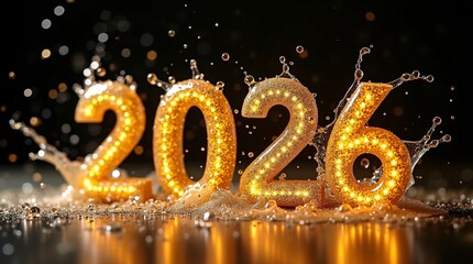 Illuminated Golden 2026 Digits with Splash Effect on Dark Background for New Year Celebration.Glowing golden &ldquo;2026&rdquo; digits shine against a dark background, surrounded by dynamic splash effects