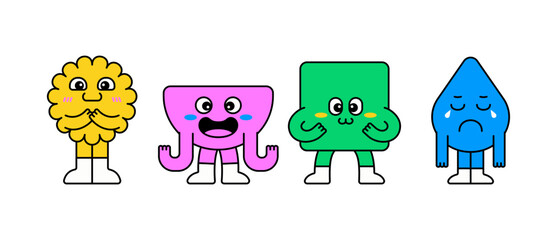Obraz premium Cute set of geometric cartoon characters showing different emotions like happy, excited, shy, and sad. Flat colorful illustration perfect for kids designs, emotions concepts, education, and stickers.