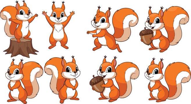Collection of cute cartoon squirrel characters with bushy tails and big eyes in different poses including holding an acorn and standing on stump