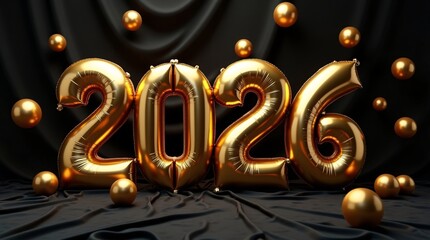 Metallic Gold 2026 Balloons with Floating Spheres on Draped Dark Background for New Year Celebration