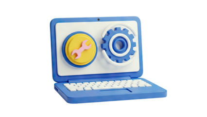 3D Laptop with Gear and Wrench Icons on transparent background