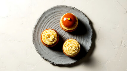 Minimalist, wabi-sabi haute cuisine style of three yuzu-infused Saint-Honor&eacute; with glossy caramel choux, yuzu Chantilly roses, on a rough handmade gray Shigaraki ceramic platter 