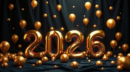 Golden 2026 Balloons with Festive Background for New Year Celebration.Large golden balloons forming &ldquo;2026&rdquo; stand out against a dark, draped background, surrounded by smaller festive balloons.