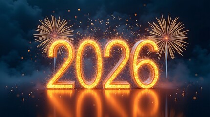 Fiery orange &ldquo;2026&rdquo; digits glow against a dark, cloudy background, flanked by symmetrical fireworks and reflected on the surface below.