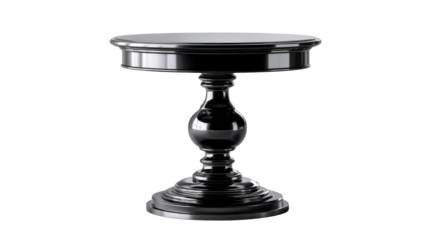 A sophisticated black pedestal table with a glossy finish and a sculptural base, perfect for contemporary interior decor or showcasing products in luxury settings.