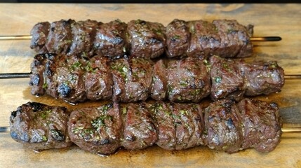 Grilled beef skewers with herbs.
