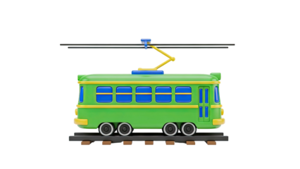 3D Green toy tram with blue windows and yellow accents on transparent background