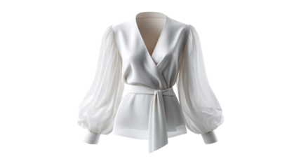 Elegant timeless ivory blouse featuring a sophisticated Vneck wrap design and voluminous sheer sleeves perfect for fashion ecommerce product display or wardrobe styling inspiration