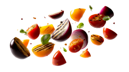 Dynamic flying grilled and fresh vegetable slices featuring vibrant red onion, ripe tomato, yellow bell pepper, and smoky eggplant perfect for a culinary advertisement or healthy recipe