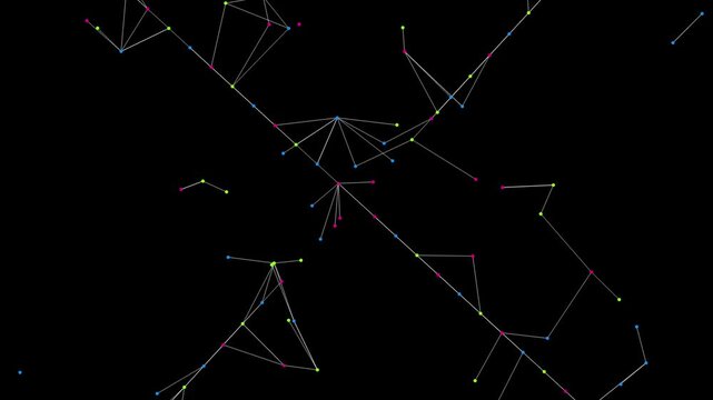 A dynamic network visualization where colored nodes (pink, green, blue) are interconnected by thin grey lines. The structure resembles a distorted cross or web that shifts and vibrates, representing d
