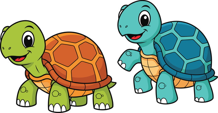 Cute vector illustration of two friendly cartoon tortoises featuring green and blue shells with smiling faces isolated on a clean white background.