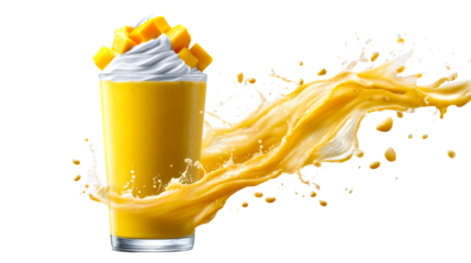 Vibrant mango smoothie topped with whipped cream and fresh fruit chunks splashing dynamically from the glass, perfect for illustrating refreshing tropical beverages in food and drink