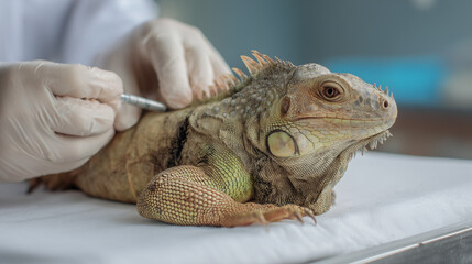 Veterinarian carefully injecting medicine into an iguana during treatment at a clinic, showing professional exotic pet care, reptile healthcare, and veterinary practice.