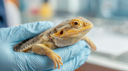 Veterinarian gently holding a bearded dragon lizard during a health check in a veterinary clinic, concept of exotic pet care, animal health, and professional veterinary service.