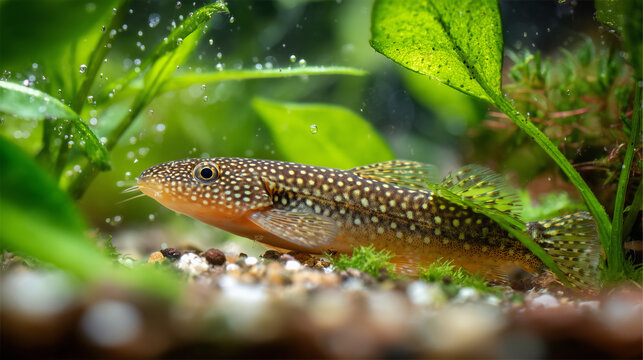 Tiny spotted loach resting on fine aquarium sand, showcasing delicate patterns and calm underwater life in a freshwater tank, ideal for aquascape and aquatic wildlife themes.
