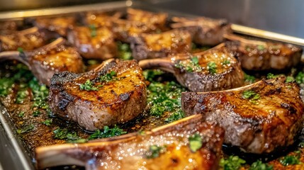 Roasted lamb chops on a baking sheet.