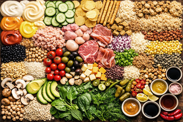 Comprehensive Flat Lay of Diverse Raw Ingredients for Culinary Preparation