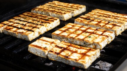 Grilled tofu squares on a barbecue grill.