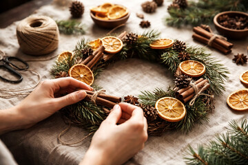 Artisan Hands Assembling Traditional Winter Wreath with Dried Orange and Cinnamon