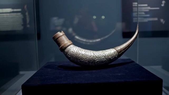 Ornate, silver-inlaid drinking horn on display